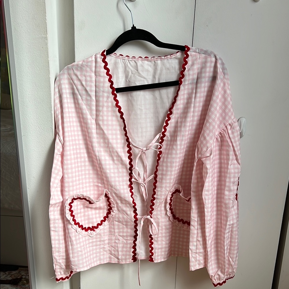 Pink Gingham Cardigan with Red Trim